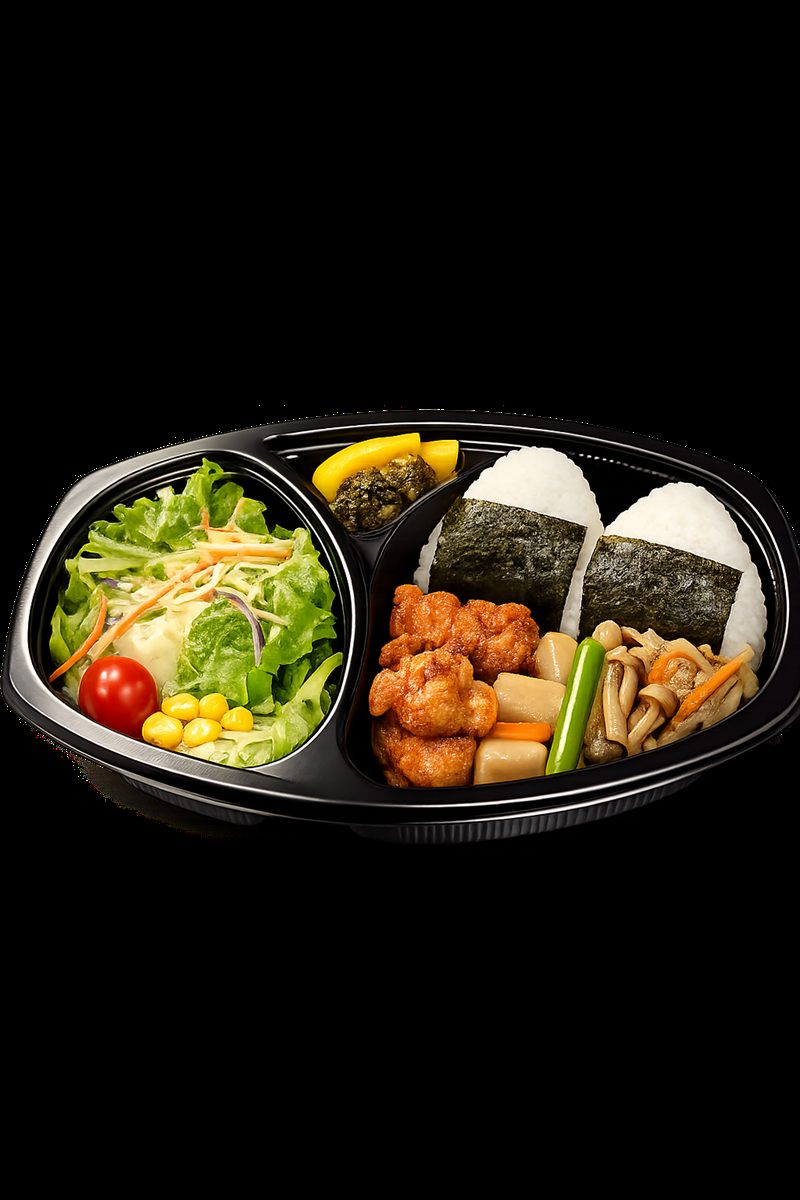 レディース弁当。サラダ・惣菜2品・おにぎり2ケの詰め合わせ